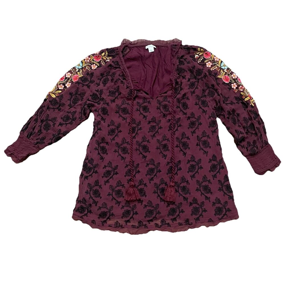 Sundance Gemma Elegance Women’sFloral Burgundy Embroidered Top Size Large